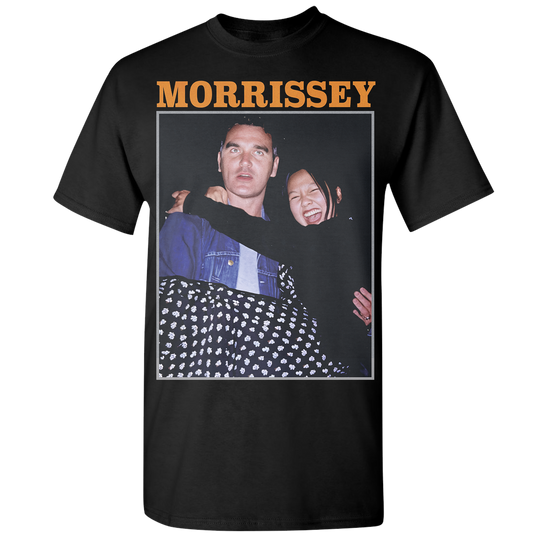 Black t-shirt with a graphic of a man and a child and the text 'Morrissey'.