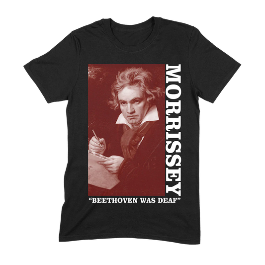 Black T-shirt featuring a portrait of Beethoven with the text 'MORRISSEY' and 'Beethoven Was Deaf' on it.