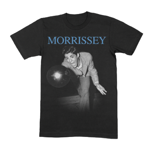 A black t-shirt with a front print of Morrissey bowling, with the name 'MORRISSEY' in bold letters above the image.