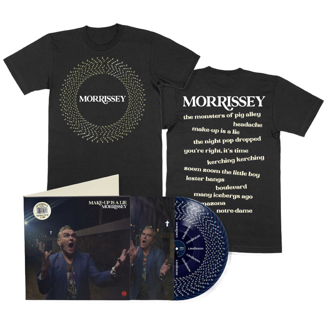 Morrissey merchandise including a black t-shirt with album cover design, vinyl record, and photo book on a white background.
