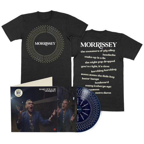Morrissey merchandise including a black t-shirt with album cover design, vinyl record, and photo book on a white background.