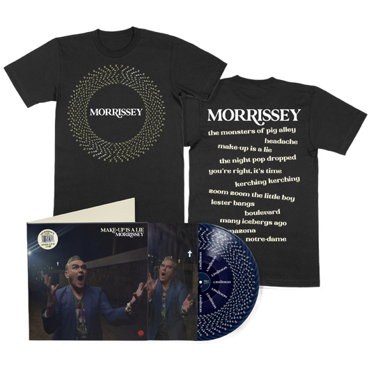 Morrissey merchandise including a black t-shirt with album cover design, vinyl record, and photo book on a white background.