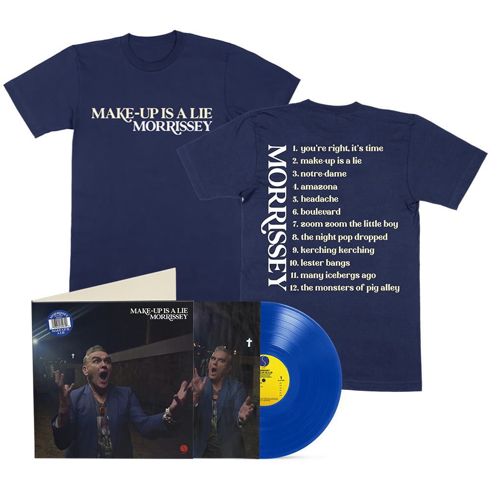 Navy blue t-shirt with 'Make-Up Is A Lie Morrissey' text, vinyl record, and album cover on a white background