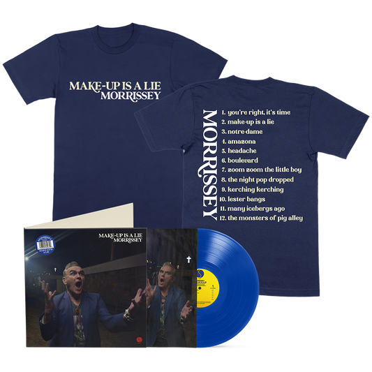 Navy blue t-shirt with 'Make-Up Is A Lie Morrissey' text, vinyl record, and album cover on a white background