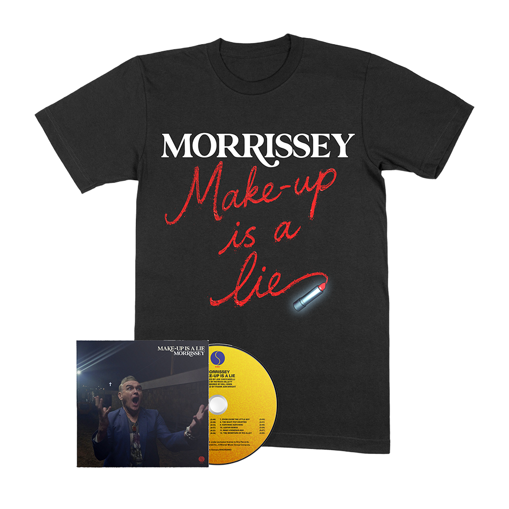 Black t-shirt with 'Morrissey Make-up is a lie' text, accompanied by a CD and cover.