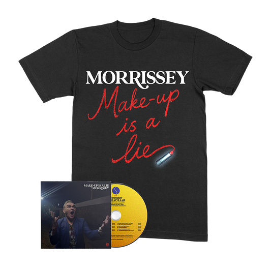 Black t-shirt with 'Morrissey Make-up is a lie' text, accompanied by a CD and cover.