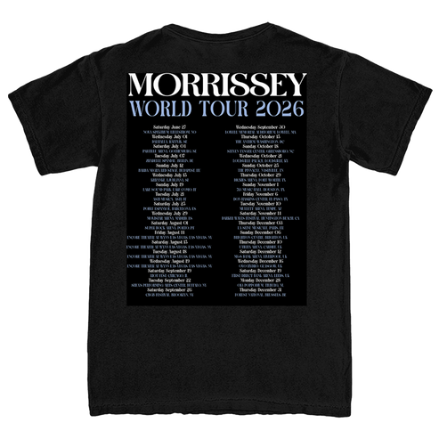A black short-sleeve t-shirt shown from the back, featuring a large white and light blue graphic print for Morrissey's 'World Tour 2026' with a detailed list of tour dates.