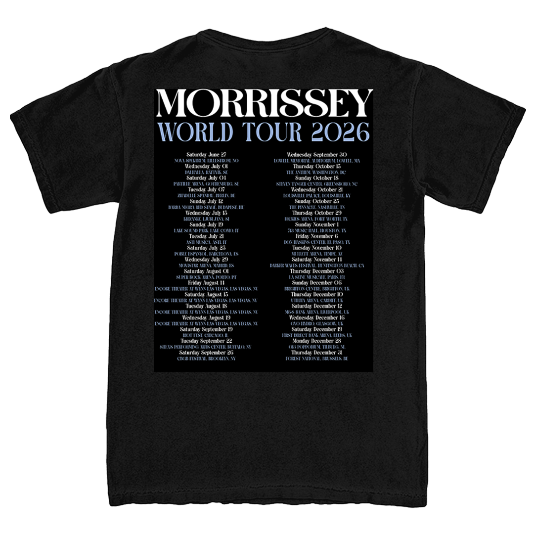 A black short-sleeve t-shirt shown from the back, featuring a large white and light blue graphic print for Morrissey's 'World Tour 2026' with a detailed list of tour dates.
