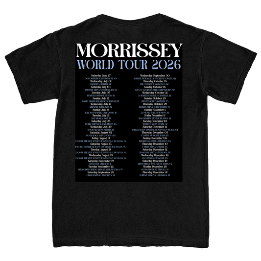 A black short-sleeve t-shirt shown from the back, featuring a large white and light blue graphic print for Morrissey's 'World Tour 2026' with a detailed list of tour dates.