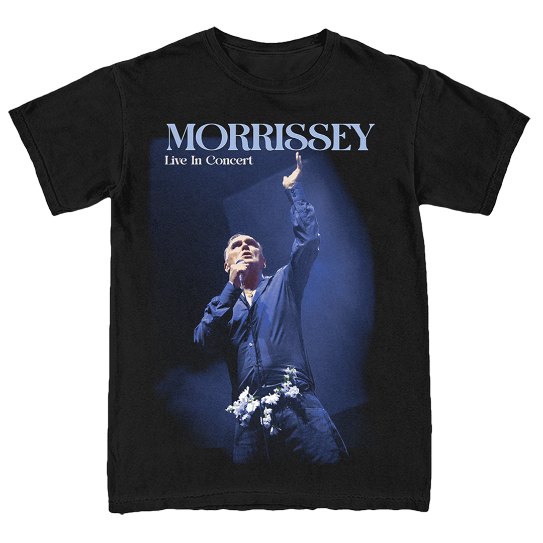 A black short-sleeve graphic t-shirt featuring a photo print of Morrissey performing on stage with the text 'MORRISSEY Live In Concert' printed above the image.
