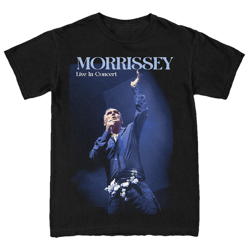 A black short-sleeve graphic t-shirt featuring a photo print of Morrissey performing on stage with the text 'MORRISSEY Live In Concert' printed above the image.
