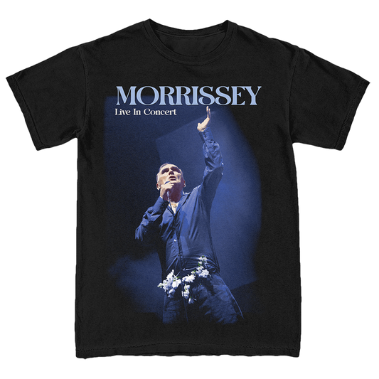 A black short-sleeve graphic t-shirt featuring a photo print of Morrissey performing on stage with the text 'MORRISSEY Live In Concert' printed above the image.