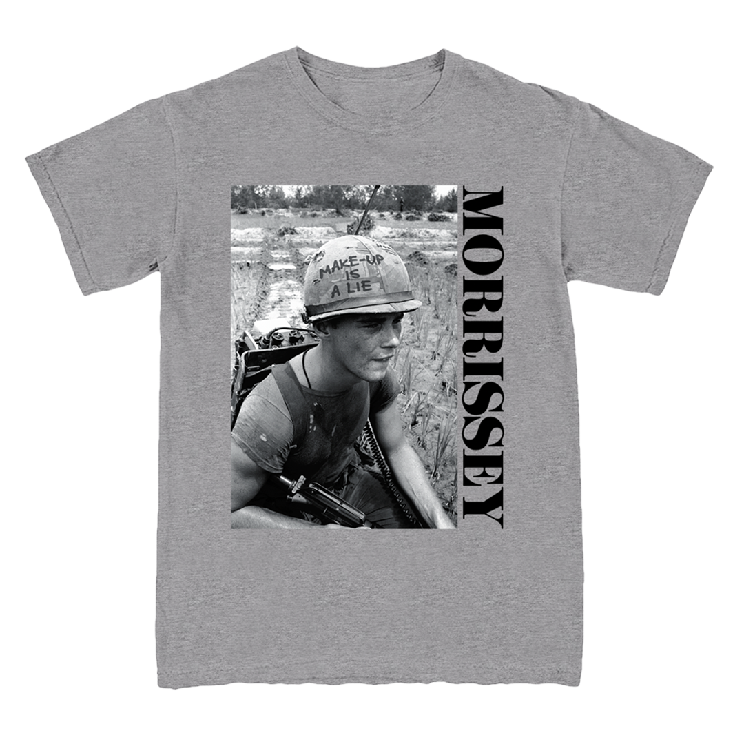 A heather gray short-sleeve t-shirt featuring a black and white graphic print of a soldier wearing a helmet with the text 'MAKE-UP A NEW ONE' and the name 'MORRISSEY' printed vertically in black on the right side of the print.