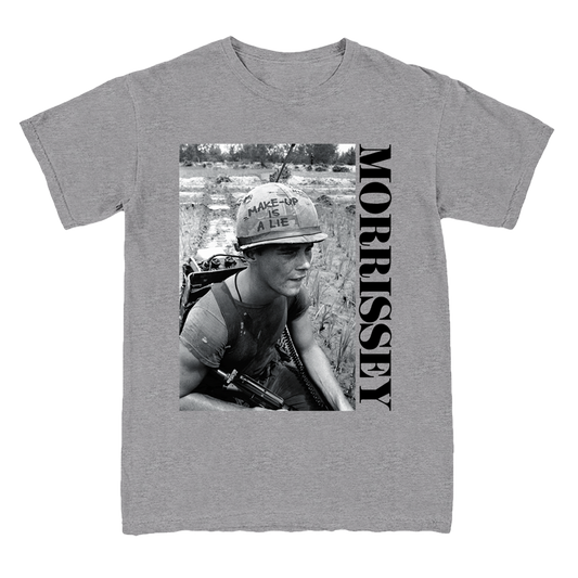 A heather gray short-sleeve t-shirt featuring a black and white graphic print of a soldier wearing a helmet with the text 'MAKE-UP A NEW ONE' and the name 'MORRISSEY' printed vertically in black on the right side of the print.