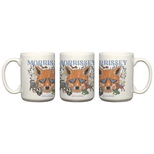 Three white ceramic mugs shown side by side on a plain white background, each printed with a fox illustration and the name MORRISSEY in blue text.