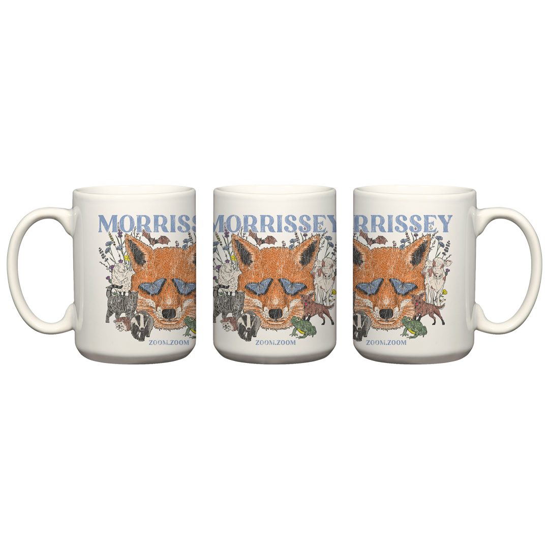 Three white ceramic mugs shown side by side on a plain white background, each printed with a fox illustration and the name MORRISSEY in blue text.