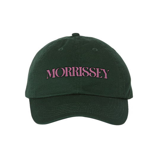 A dark green cotton baseball cap with 'MORRISSEY' embroidered in pink across the front, shown against a plain white background.