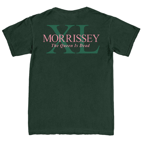 A dark green short-sleeve t-shirt shown from the back, featuring a graphic print with a large green 'XL' monogram, the word 'MORRISSEY' in pink, and the phrase 'The Queen Is Dead' in white script.