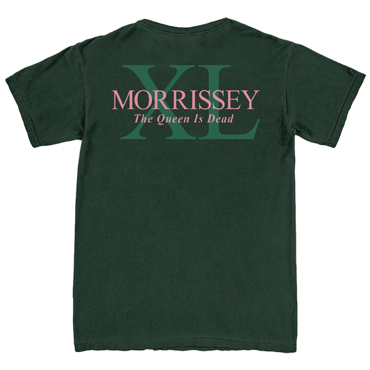 A dark green short-sleeve t-shirt shown from the back, featuring a graphic print with a large green 'XL' monogram, the word 'MORRISSEY' in pink, and the phrase 'The Queen Is Dead' in white script.