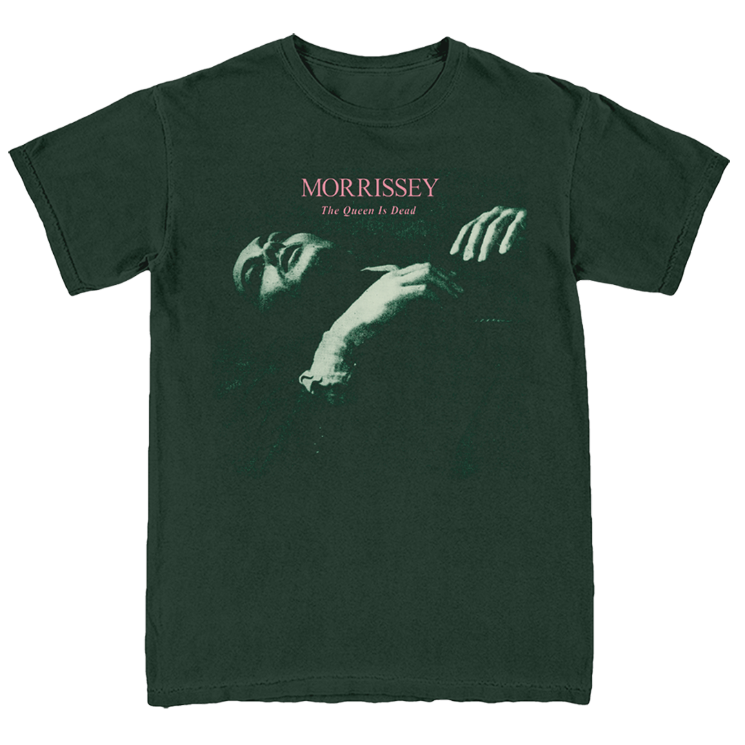 A dark forest green short-sleeve t-shirt featuring Morrissey's 'The Queen Is Dead' album artwork on the front, displayed flat against a plain white background.
