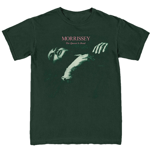 A dark forest green short-sleeve t-shirt featuring Morrissey's 'The Queen Is Dead' album artwork on the front, displayed flat against a plain white background.