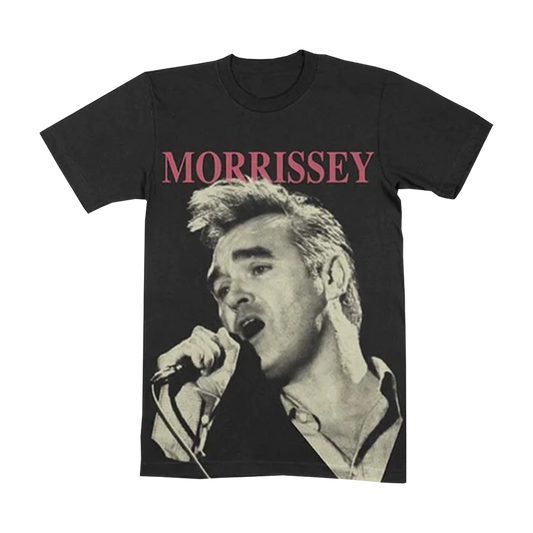 Black T-shirt featuring a printed image of Morrissey singing into a microphone.